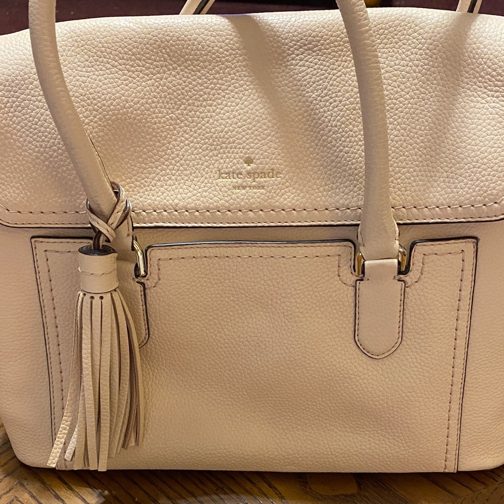 Kate Spade Beige Cream Light Pink Satchel with Tassel Accent Tote Purse Bag EUC